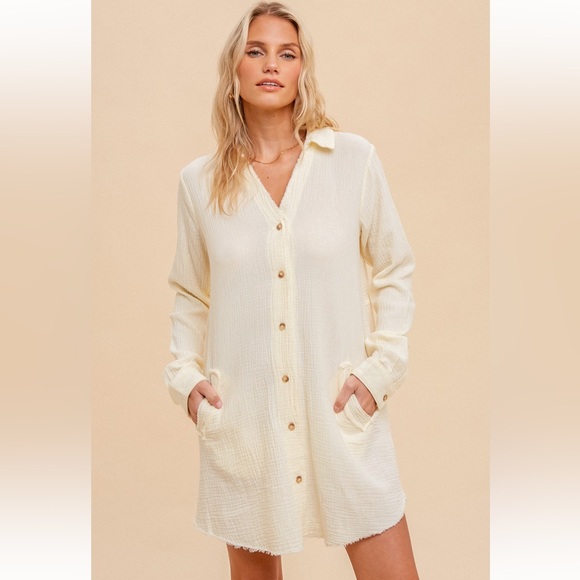 169. Cotton Dress Washed Textured Gauze Tunic Dress Cream/Pale Yellow NEW - Picture 6 of 6